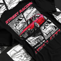 Black T-shirt laid flat with natural fabric folds, featuring Volkswagen Gti racing tuning street retro enthusiast graphic.