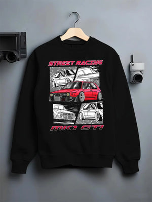 Black crewneck sweatshirt on a hanger against a grey wall, featuring Volkswagen Gti racing tuning street retro enthusiast graphic.