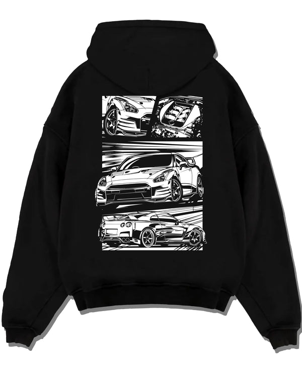 Black pullover hoodie laid flat on a white background, featuring Nissan GT-R gt r racing drift jdm japanese street graphic.