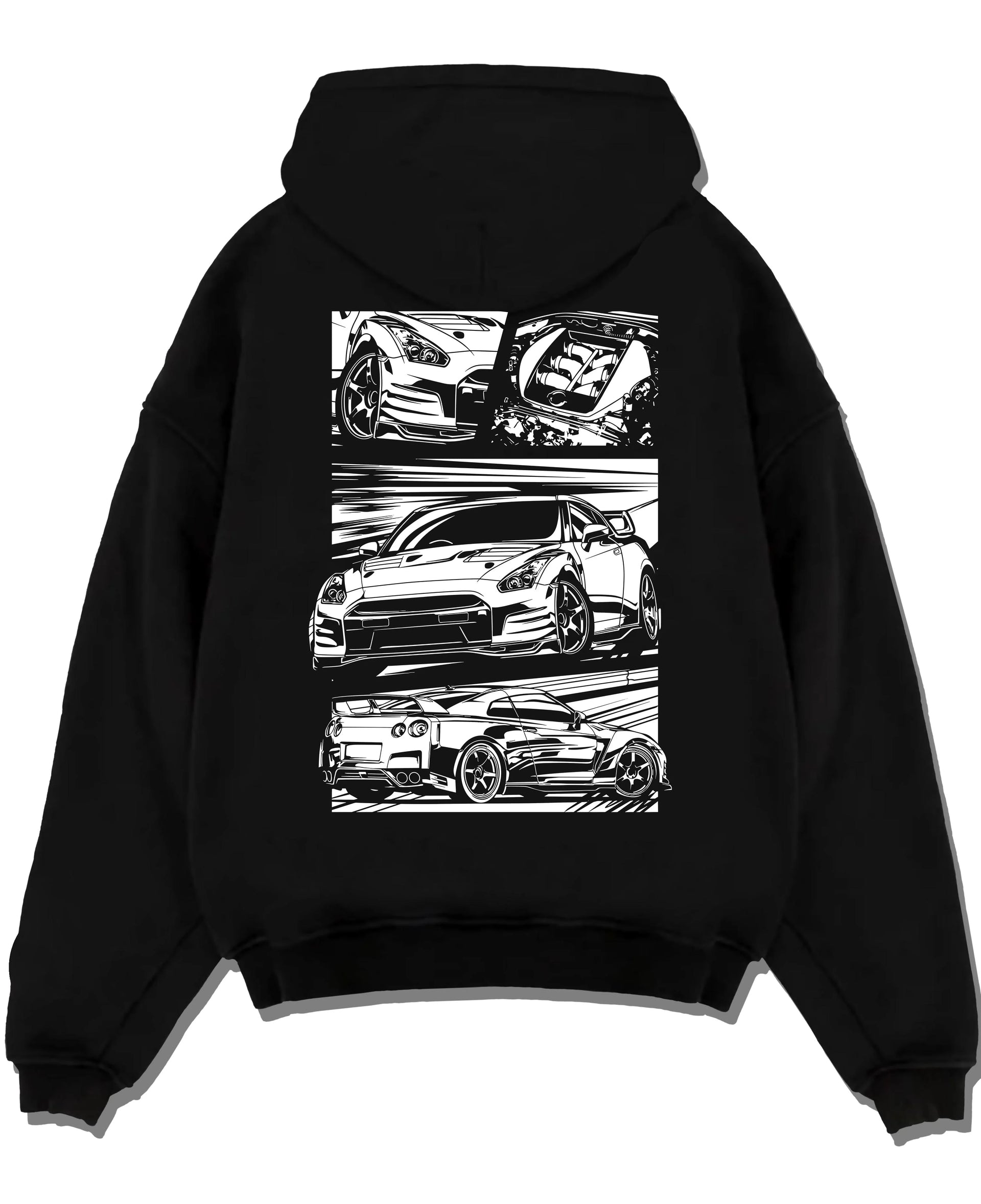 Black pullover hoodie laid flat on a white background, featuring Nissan GT-R gt r racing drift jdm japanese street graphic.