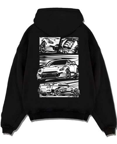 Black pullover hoodie laid flat on a white background, featuring Nissan GT-R gt r racing drift jdm japanese street graphic.