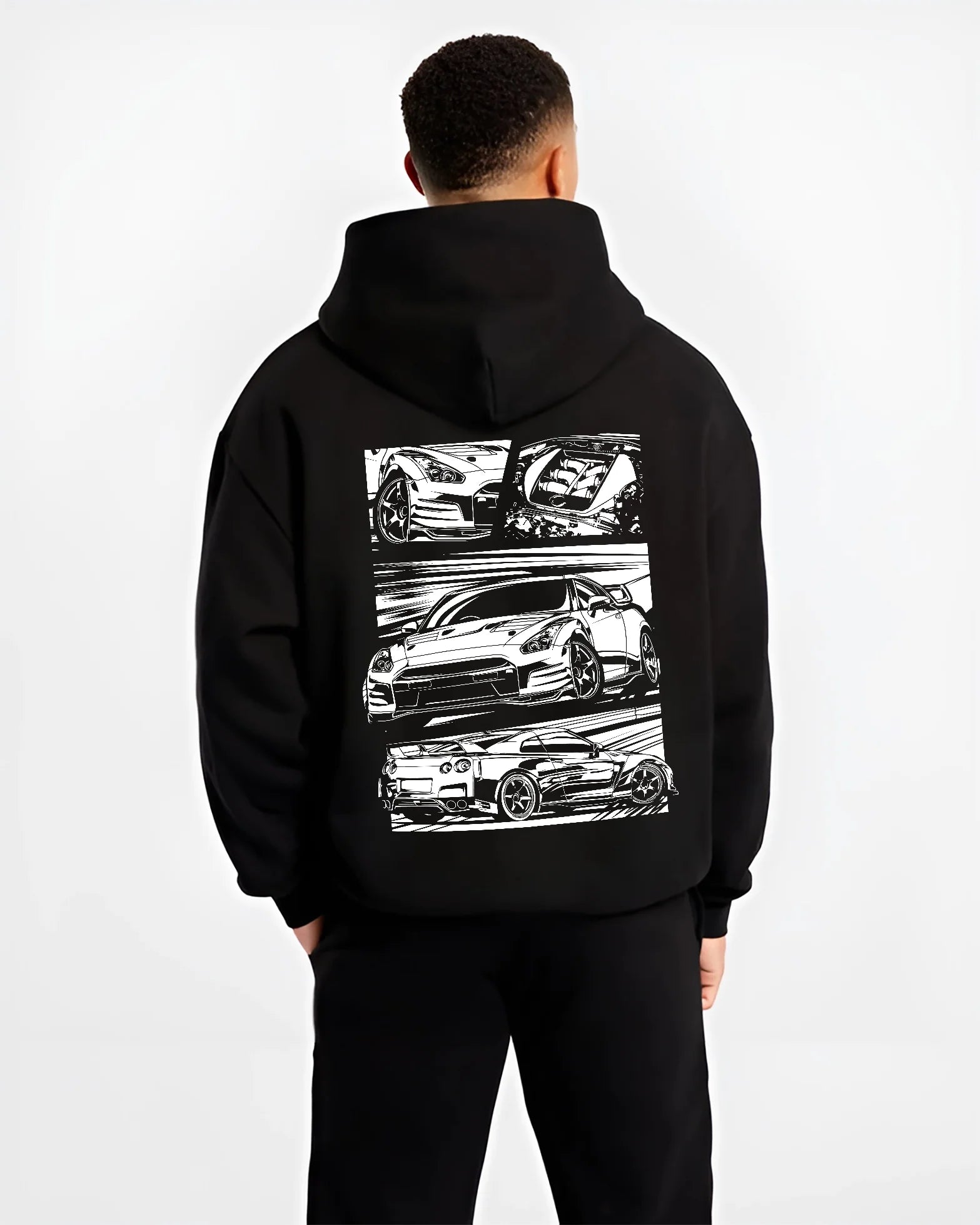 Black hoodie worn by a male model, back view, featuring Nissan GT-R gt r racing drift jdm japanese street graphic.