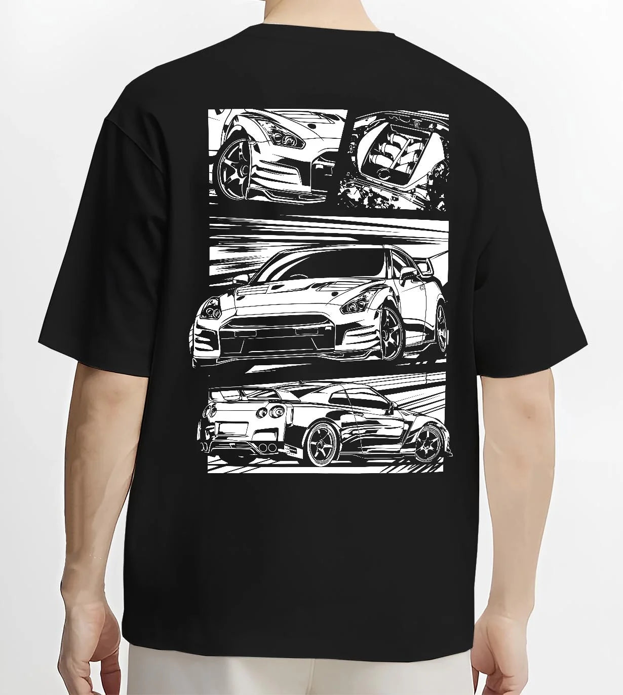 Black T-shirt worn by a male model, back view, featuring Nissan GT-R gt r racing drift jdm japanese street graphic.