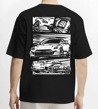 Black T-shirt worn by a male model, back view, featuring Nissan GT-R gt r racing drift jdm japanese street graphic.