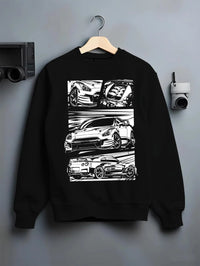 Black crewneck sweatshirt on a hanger against a grey wall, featuring Nissan GT-R gt r racing drift jdm japanese street graphic.
