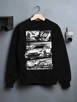 Black crewneck sweatshirt on a hanger against a grey wall, featuring Nissan GT-R gt r racing drift jdm japanese street graphic.