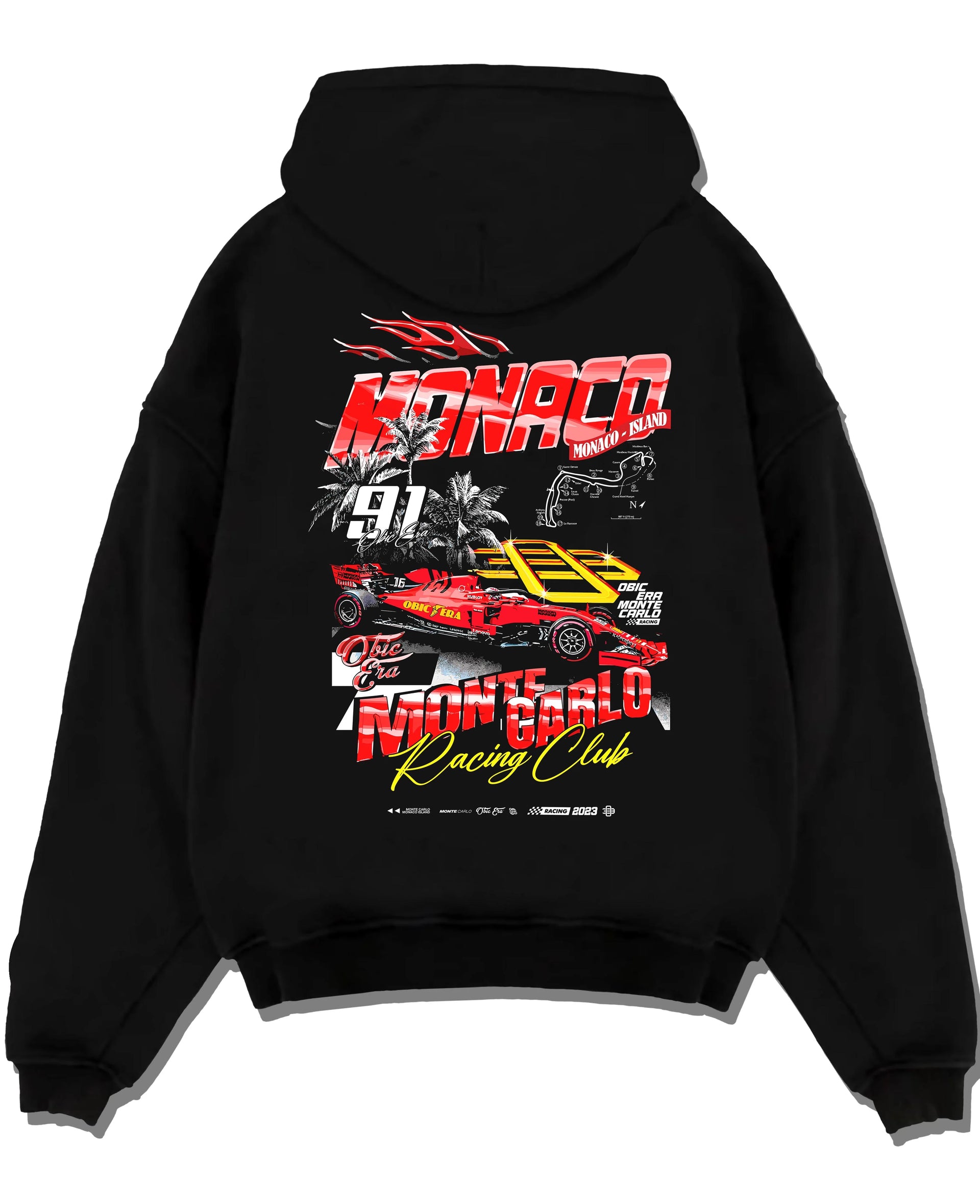 Black pullover hoodie laid flat on a white background, featuring rs racing race formula motorsport street performance graphic.