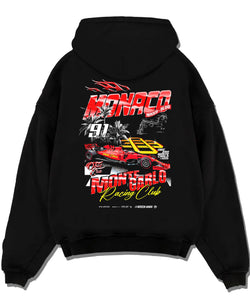 Black pullover hoodie laid flat on a white background, featuring rs racing race formula motorsport street performance graphic.
