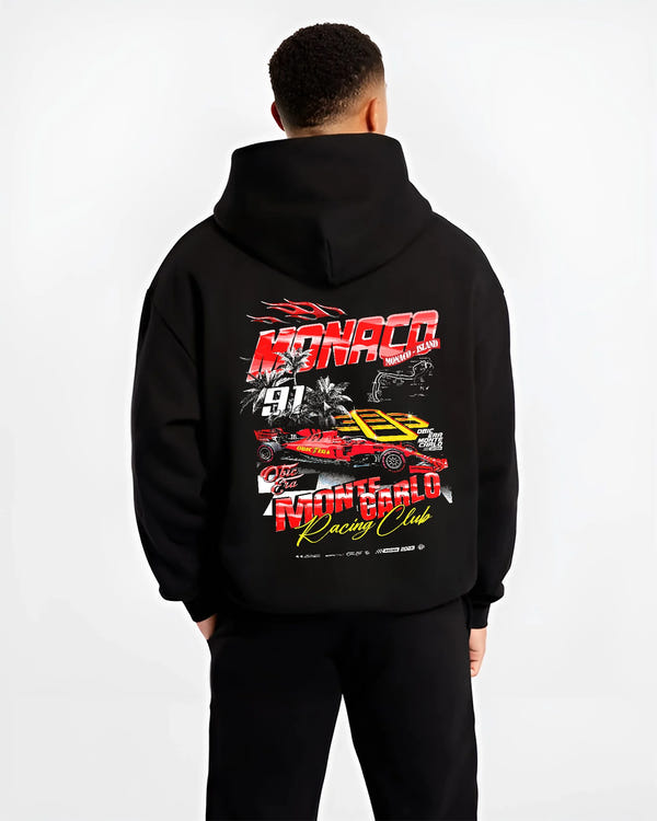 Black hoodie worn by a male model, back view, featuring rs racing race formula motorsport street performance automotive graphic.