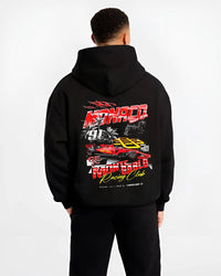 Black hoodie worn by a male model, back view, featuring rs racing race formula motorsport street performance automotive graphic.