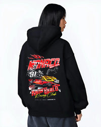 Black hoodie worn by a female model, back view, featuring rs racing race formula motorsport street performance automotive graphic.