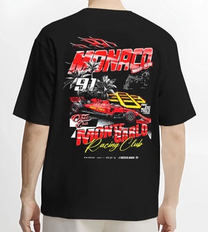 Black T-shirt worn by a male model, back view, featuring rs racing race formula motorsport street performance automotive graphic.