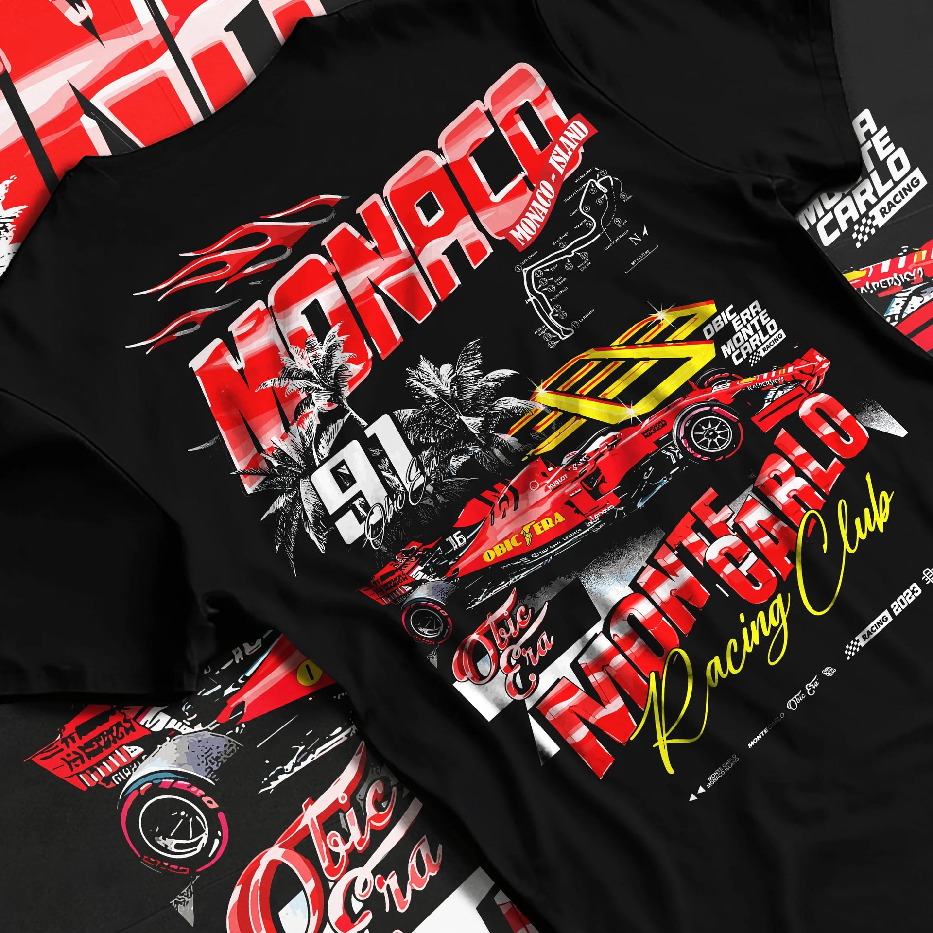 Black T-shirt laid flat with natural fabric folds, featuring rs racing race formula motorsport street performance graphic.