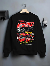 Black crewneck sweatshirt on a hanger against a grey wall, featuring rs racing race formula motorsport street performance graphic.