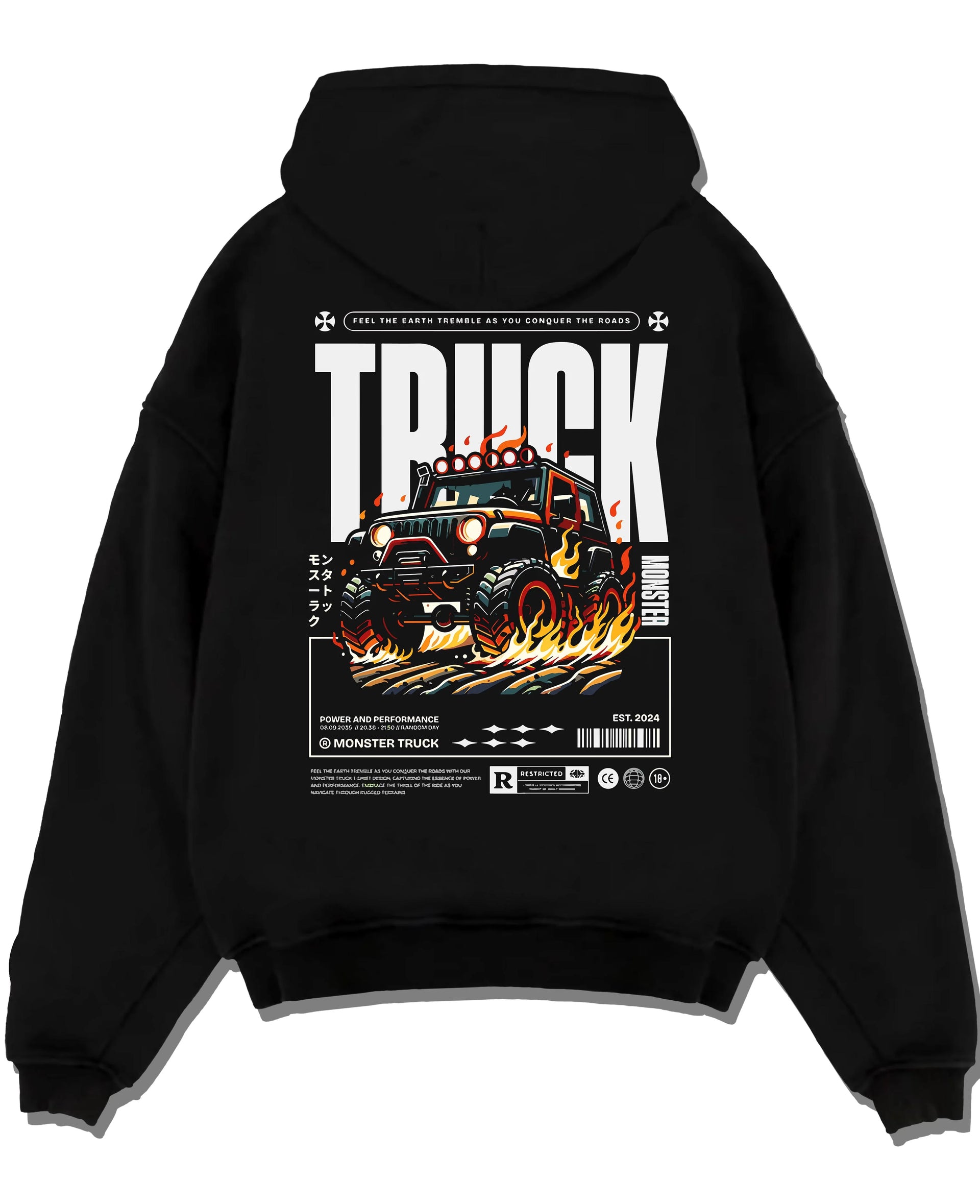 Black pullover hoodie laid flat on a white background, featuring rs racing drift motorsport jdm tuner street monster graphic.