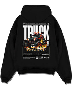 Black pullover hoodie laid flat on a white background, featuring rs racing drift motorsport jdm tuner street monster graphic.