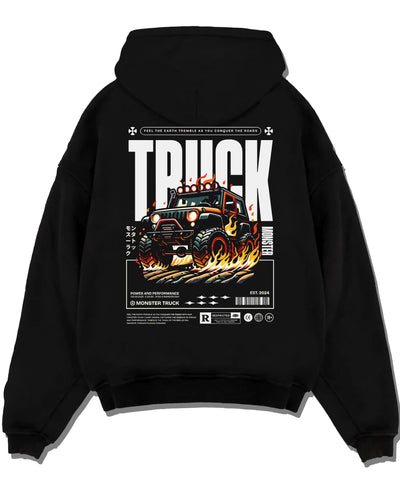 Black pullover hoodie laid flat on a white background, featuring rs racing drift motorsport jdm tuner street monster graphic.