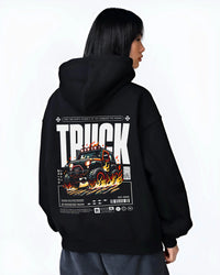 Black hoodie worn by a female model, back view, featuring rs racing drift motorsport jdm tuner street monster graphic.