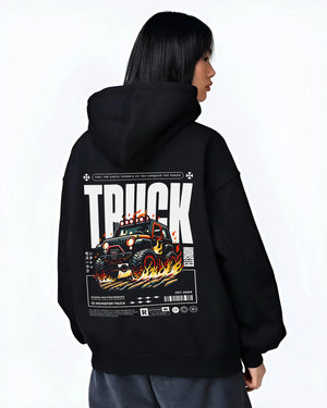 Black hoodie worn by a female model, back view, featuring rs racing drift motorsport jdm tuner street monster graphic.