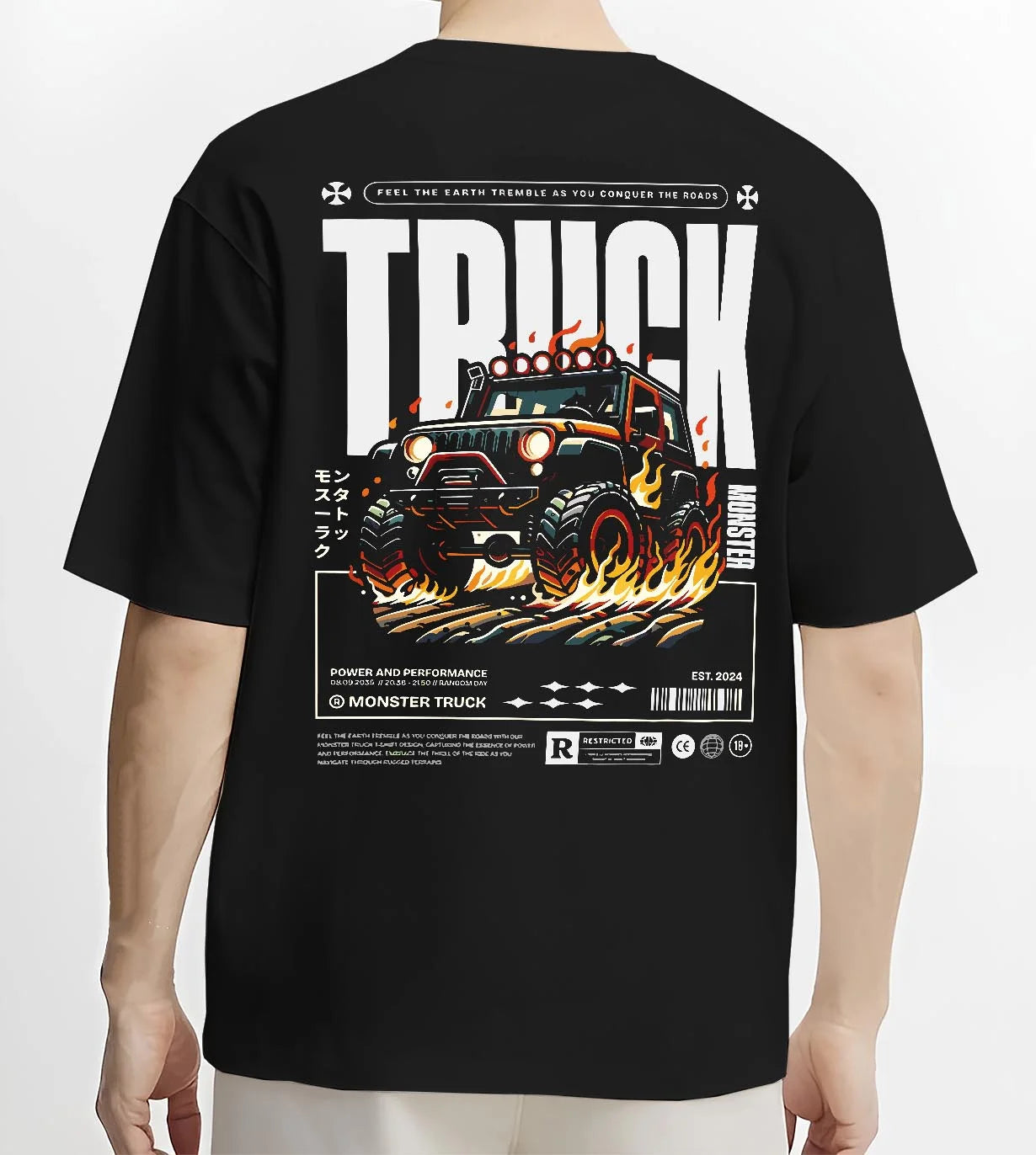 Black T-shirt worn by a male model, back view, featuring rs racing drift motorsport jdm tuner street monster graphic.