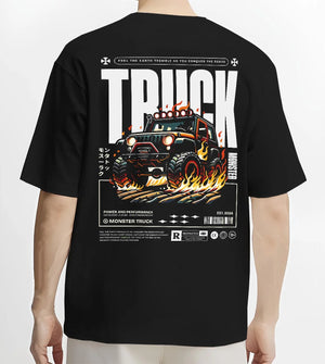 Black T-shirt worn by a male model, back view, featuring rs racing drift motorsport jdm tuner street monster graphic.