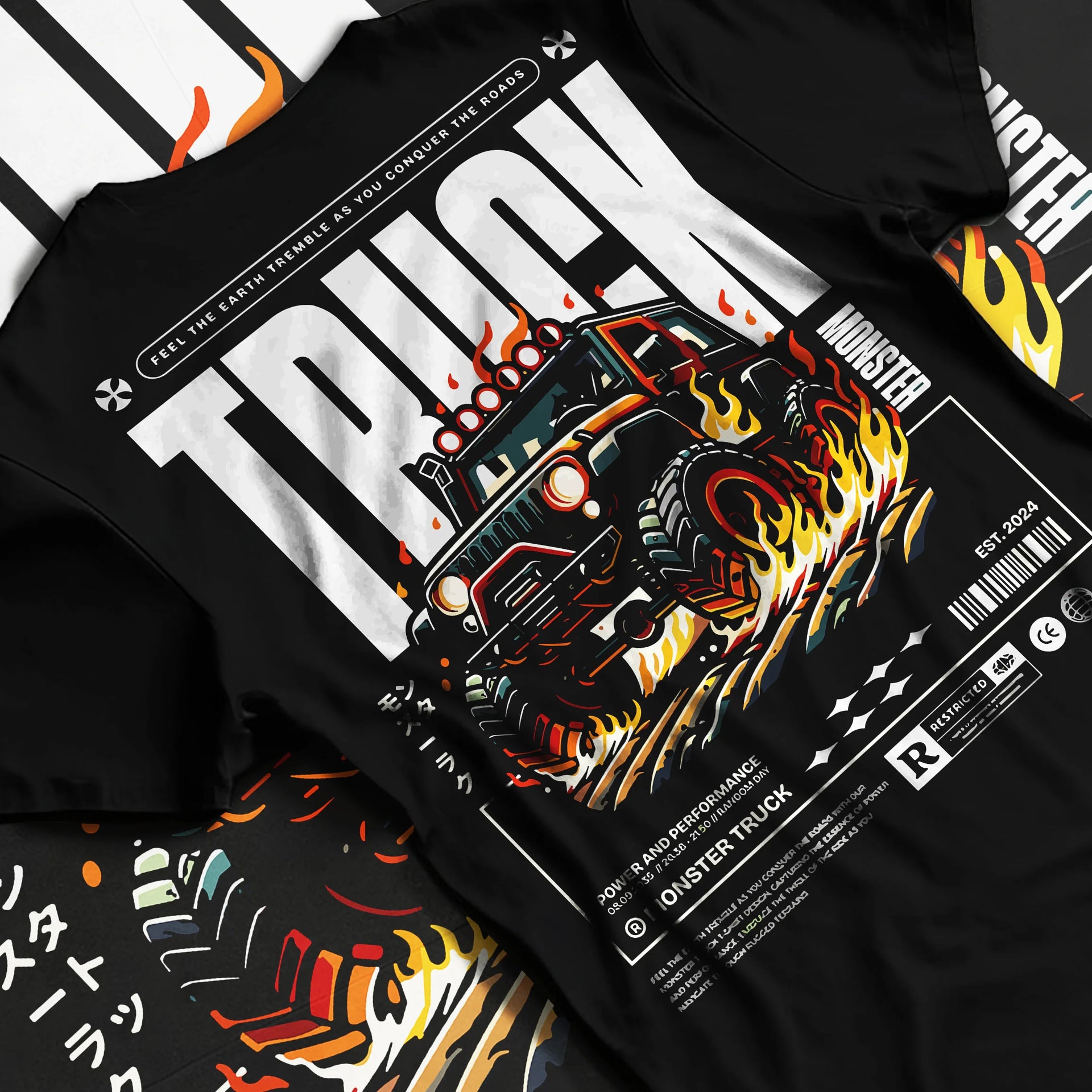 Black T-shirt laid flat with natural fabric folds, featuring rs racing drift motorsport jdm tuner street monster graphic.
