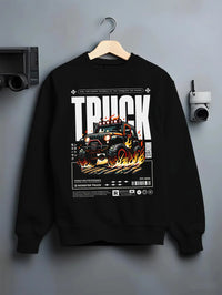Black crewneck sweatshirt on a hanger against a grey wall, featuring rs racing drift motorsport jdm tuner street monster graphic.