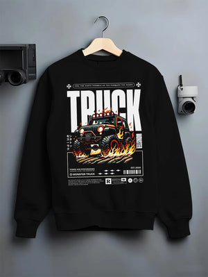 Black crewneck sweatshirt on a hanger against a grey wall, featuring rs racing drift motorsport jdm tuner street monster graphic.