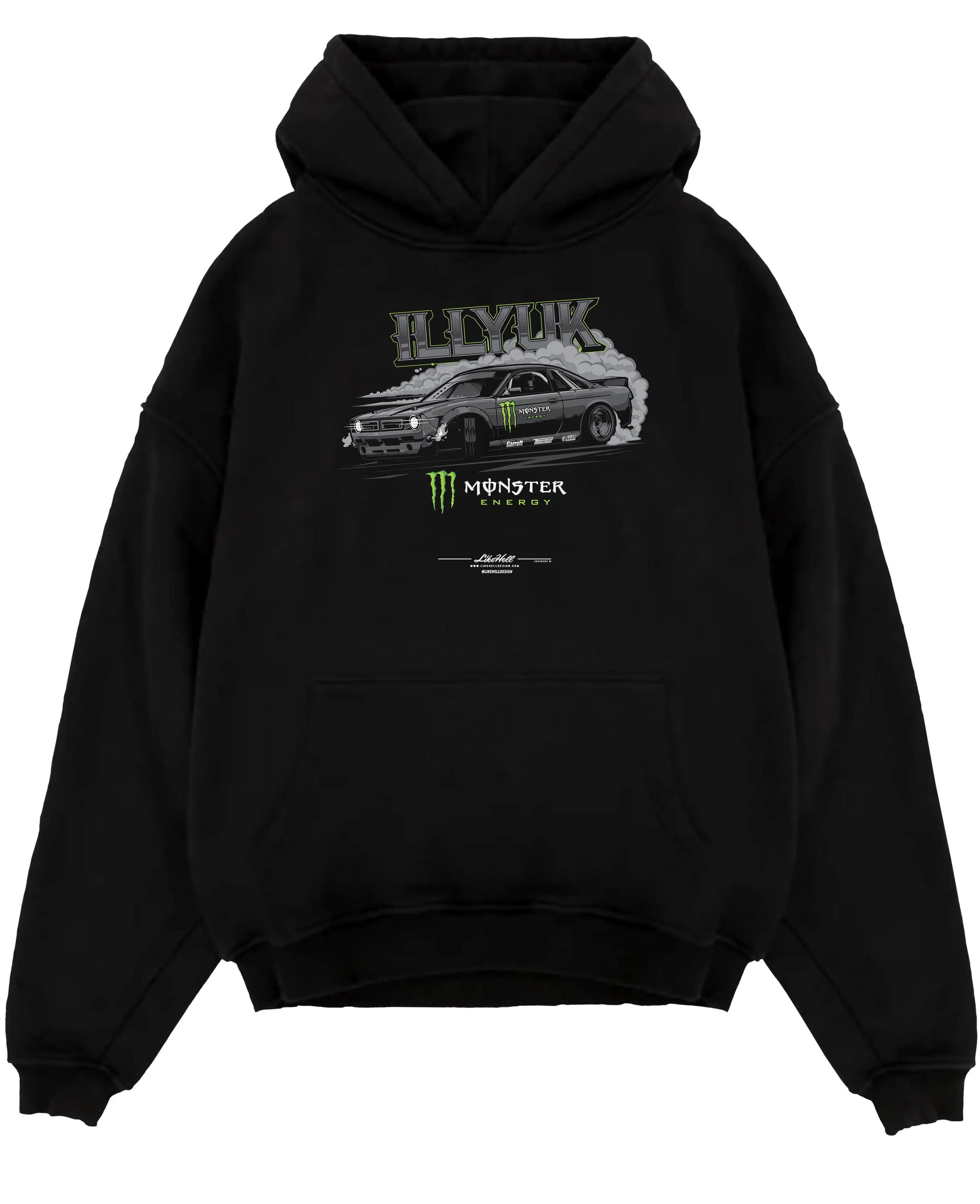 Black pullover hoodie laid flat on a white background, featuring rs turbo racing drift motorsport tuner street monster graphic.