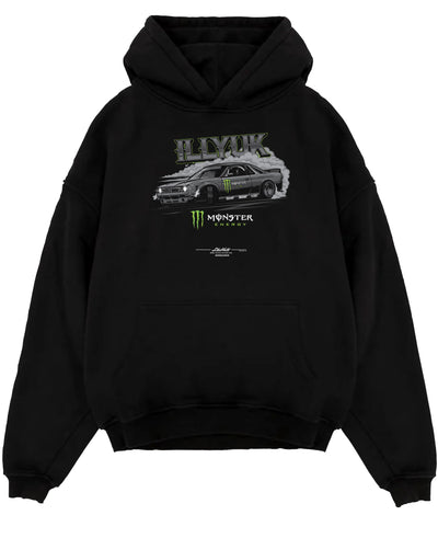 Black pullover hoodie laid flat on a white background, featuring rs turbo racing drift motorsport tuner street monster graphic.