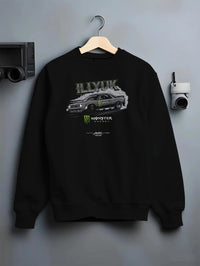Black crewneck sweatshirt on a hanger against a grey wall, featuring rs turbo racing drift motorsport tuner street monster graphic.