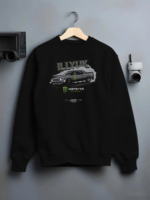 Black crewneck sweatshirt on a hanger against a grey wall, featuring rs turbo racing drift motorsport tuner street monster graphic.