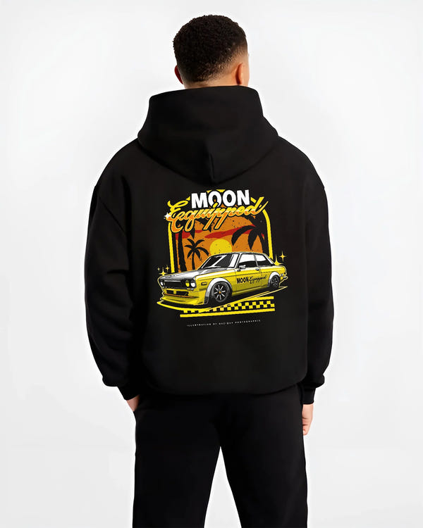 Black hoodie worn by a male model, back view, featuring jdm japanese retro vintage racing street performance motorsport graphic.