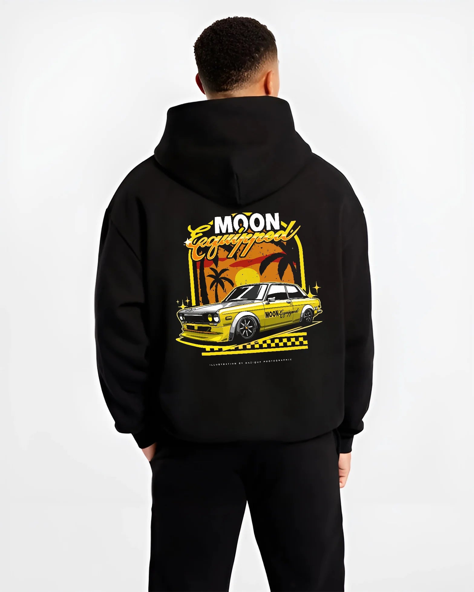 Black hoodie worn by a male model, back view, featuring jdm japanese retro vintage racing street performance motorsport graphic.