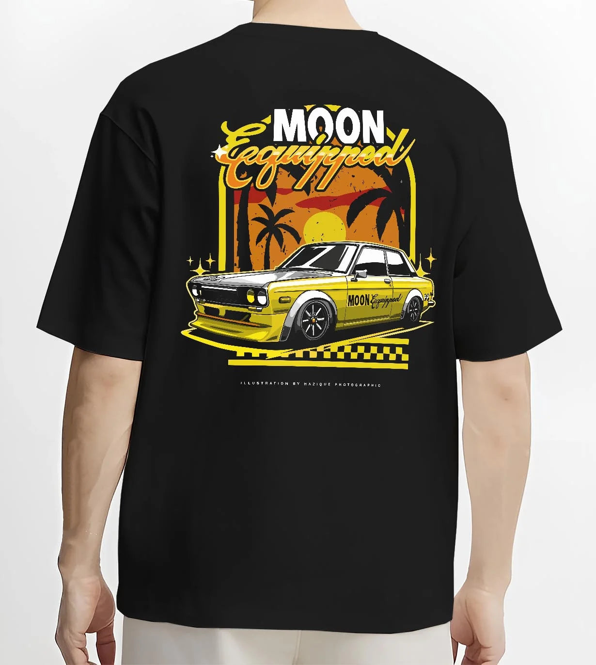 Black T-shirt worn by a male model, back view, featuring jdm japanese retro vintage racing street performance motorsport graphic.