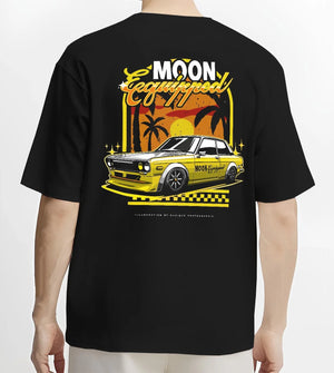 Black T-shirt worn by a male model, back view, featuring jdm japanese retro vintage racing street performance motorsport graphic.