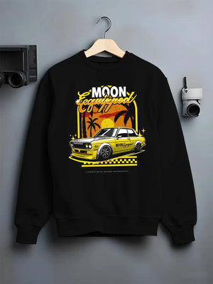 Black crewneck sweatshirt on a hanger against a grey wall, featuring jdm japanese retro vintage racing street performance graphic.