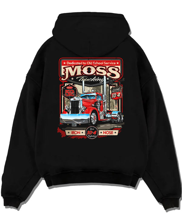 Black pullover hoodie laid flat on a white background, featuring american retro vintage racing street performance graphic.