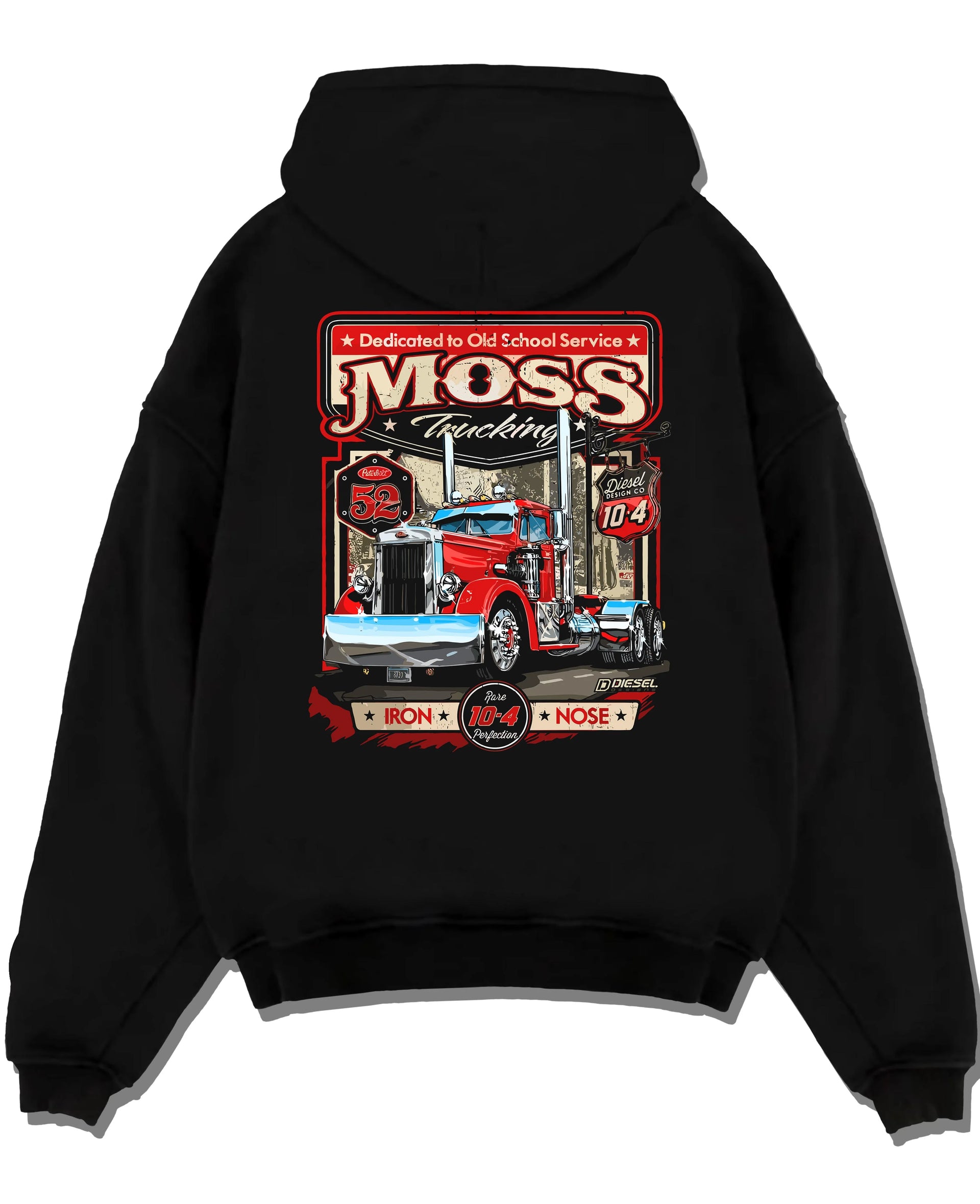 Black pullover hoodie laid flat on a white background, featuring american retro vintage racing street performance graphic.