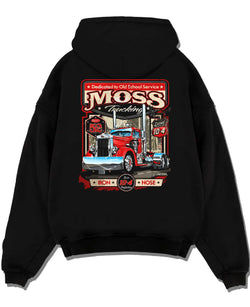 Black pullover hoodie laid flat on a white background, featuring american retro vintage racing street performance graphic.