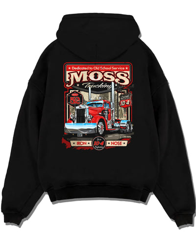 Black pullover hoodie laid flat on a white background, featuring american retro vintage racing street performance graphic.