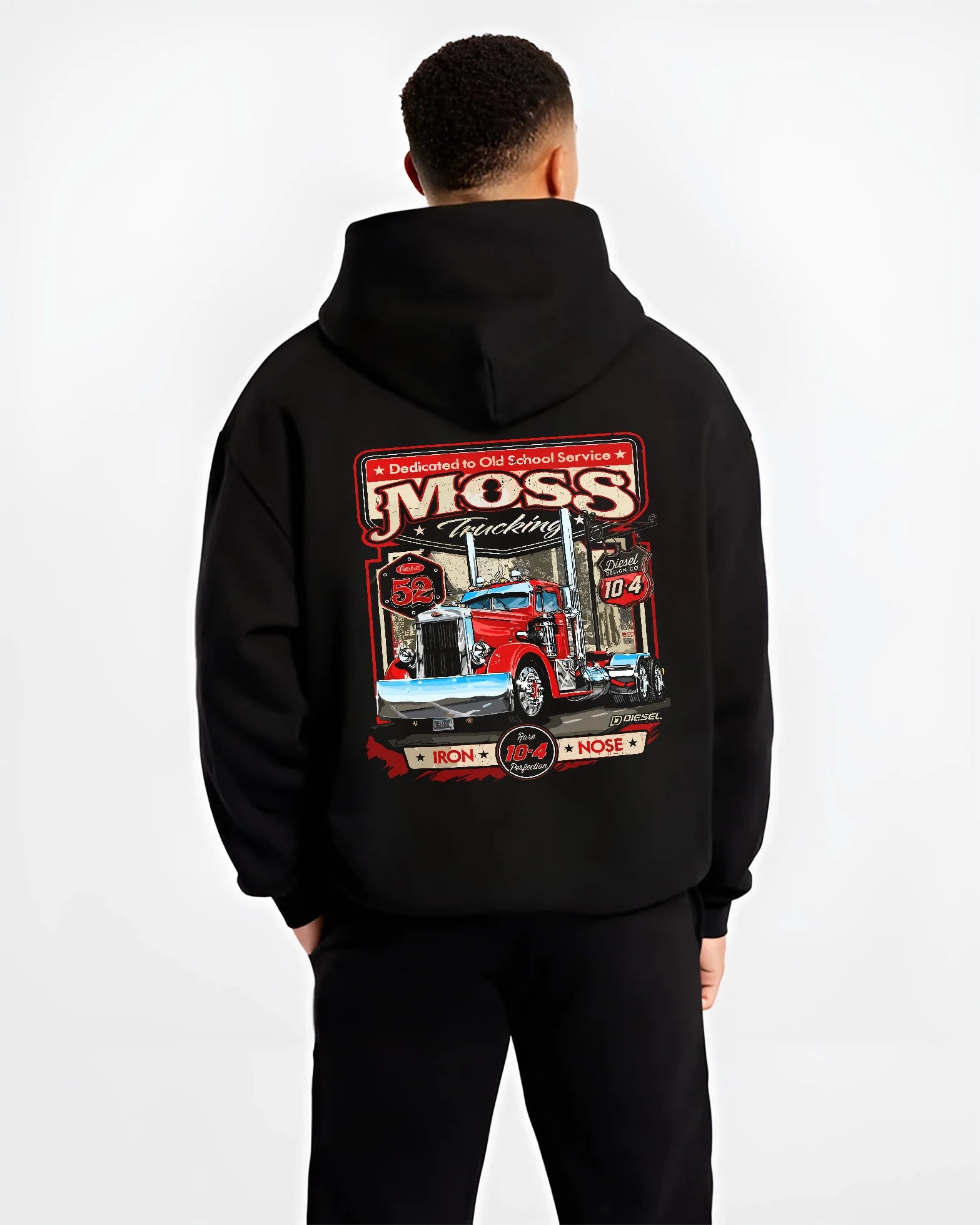 Black hoodie worn by a male model, back view, featuring american retro vintage racing street performance motorsport graphic.