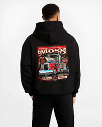 Black hoodie worn by a male model, back view, featuring american retro vintage racing street performance motorsport graphic.