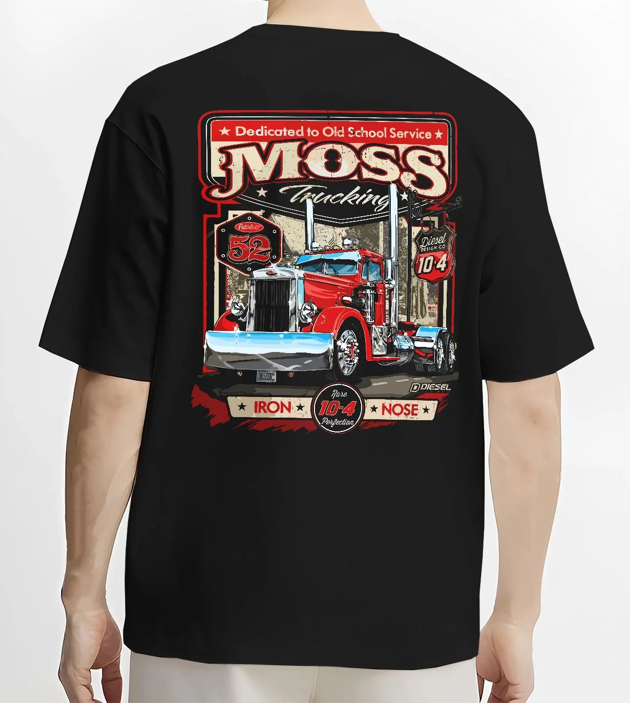 Black T-shirt worn by a male model, back view, featuring american retro vintage racing street performance motorsport graphic.