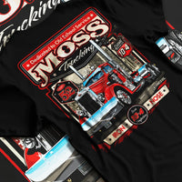 Black T-shirt laid flat with natural fabric folds, featuring american retro vintage racing street performance motorsport graphic.