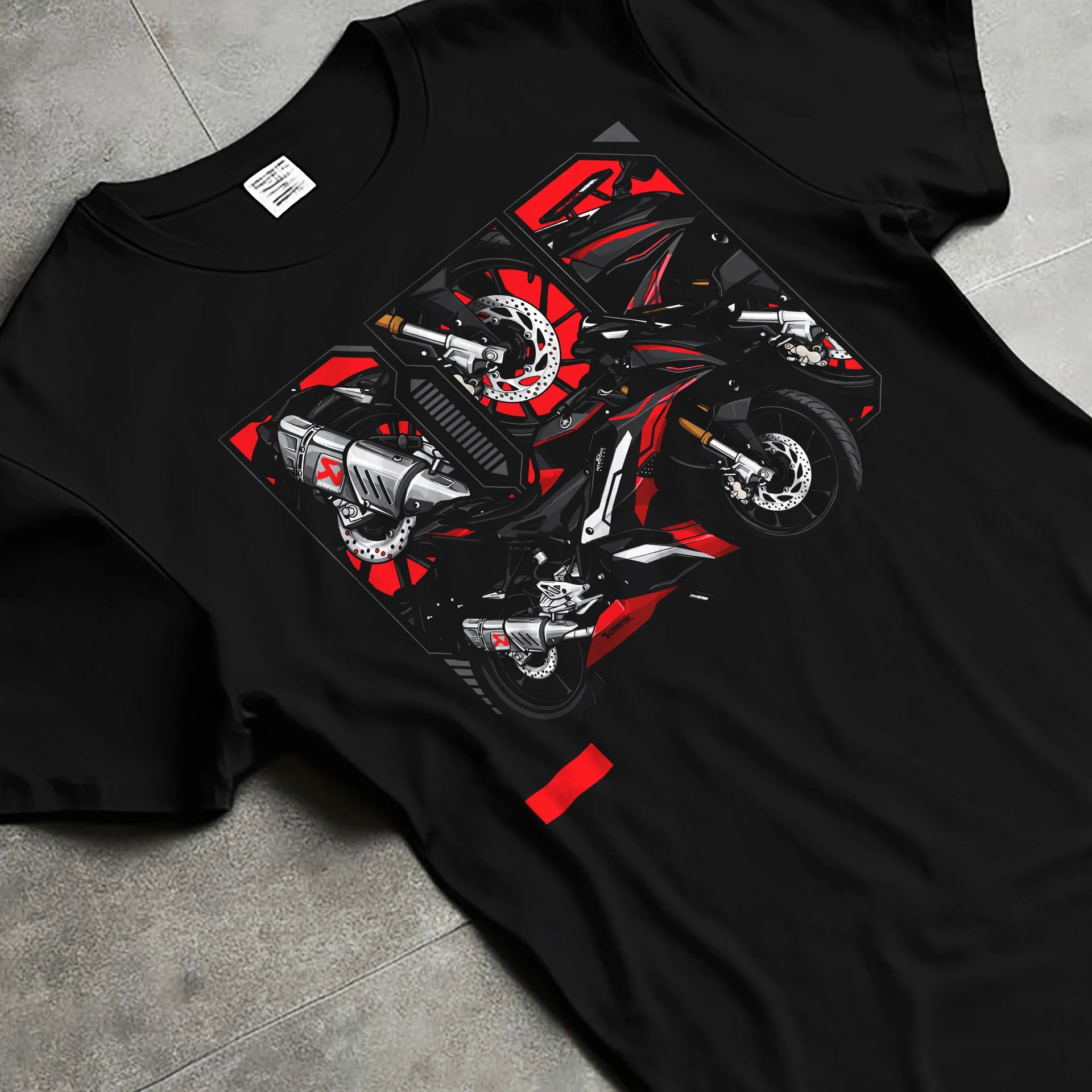 Black T-shirt laid flat with natural fabric folds, featuring rs speed enthusiast racing street performance motorsport graphic.