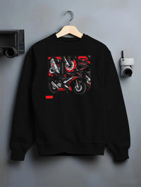 Black crewneck sweatshirt on a hanger against a grey wall, featuring rs speed enthusiast racing street performance graphic.