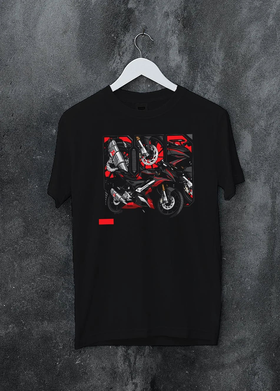 Black crewneck T-shirt on a hanger against a grey wall, featuring rs speed enthusiast racing street performance motorsport graphic.