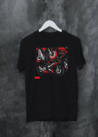 Black crewneck T-shirt on a hanger against a grey wall, featuring rs speed enthusiast racing street performance motorsport graphic.