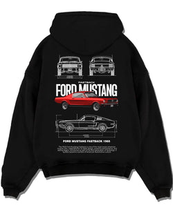 Black pullover hoodie laid flat on a white background, featuring Ford Mustang american muscle retro classic enthusiast graphic.